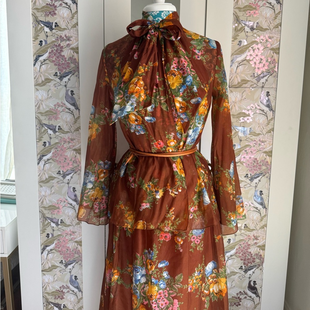 Vintage 70s Fall Floral Empire Dress w/ Cape Jacket Blouse